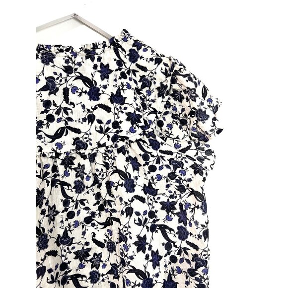BY ANTHROPOLOGIE Blue V-Neck Floral Cream Cotton Ruffle Sleeve Size M - Picture 5 of 6